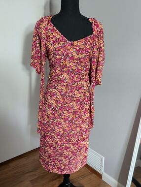QED London Pink Floral Midi Dress with Tie Waist